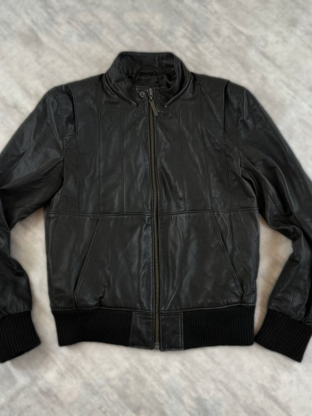 Black Leather Hooded Bomber Jacket ERIK HART Size S Unisex Zip Up Sz S - Picture 4 of 15